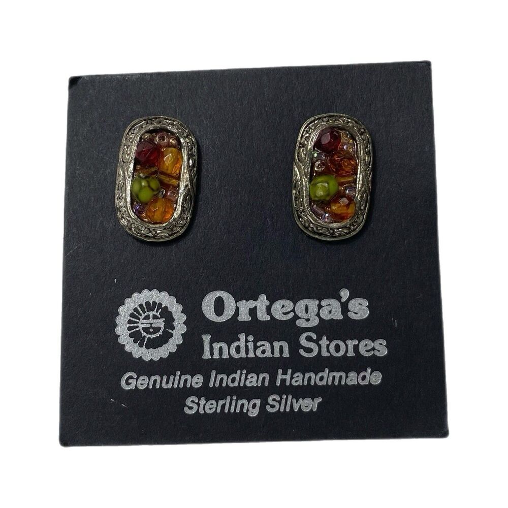 Vintage Ortega’s Indian Stores Sterling Silver Multi Gemstone Inlay Earrings